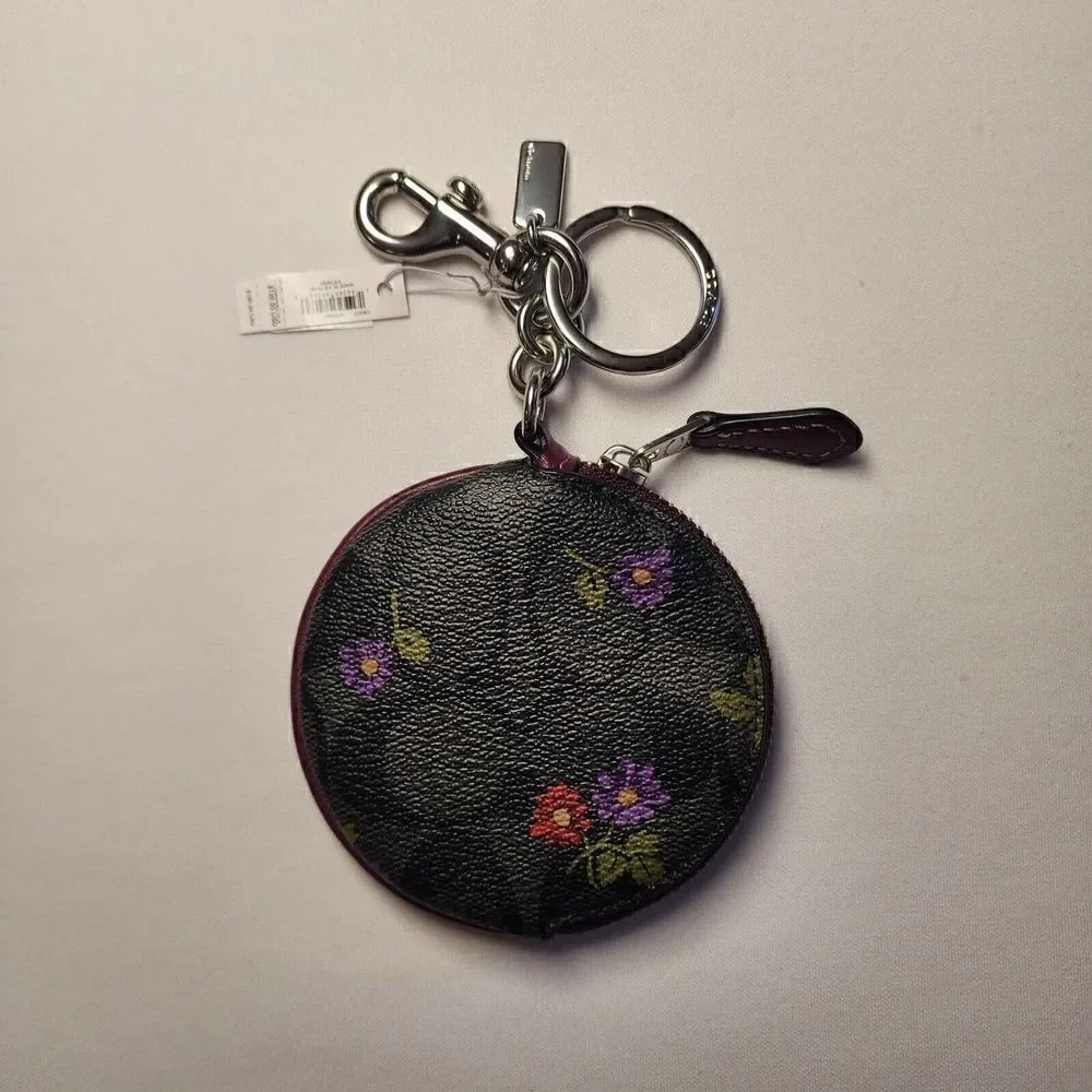 NWT Coach CM317 Circular Coin Pouch Country Floral Signature Deep Berry